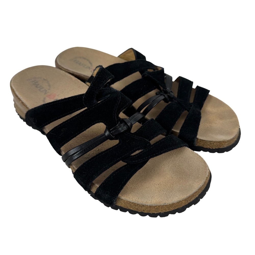 Haflinger Black Suede Leather Strappy‎ Cork Slide Sandals Womens 38 US 7